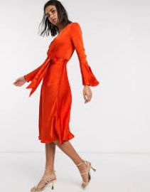 Ghost exclusive annabelle satin button front midi dress with flare sleeves at Asos